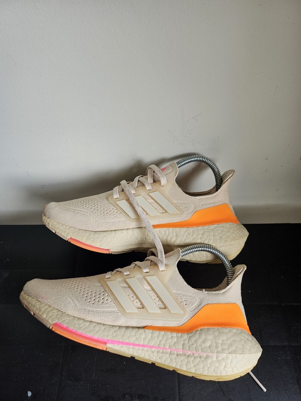 Adidas Women’s Beige Knit Running Shoes with Neon Orange Accent